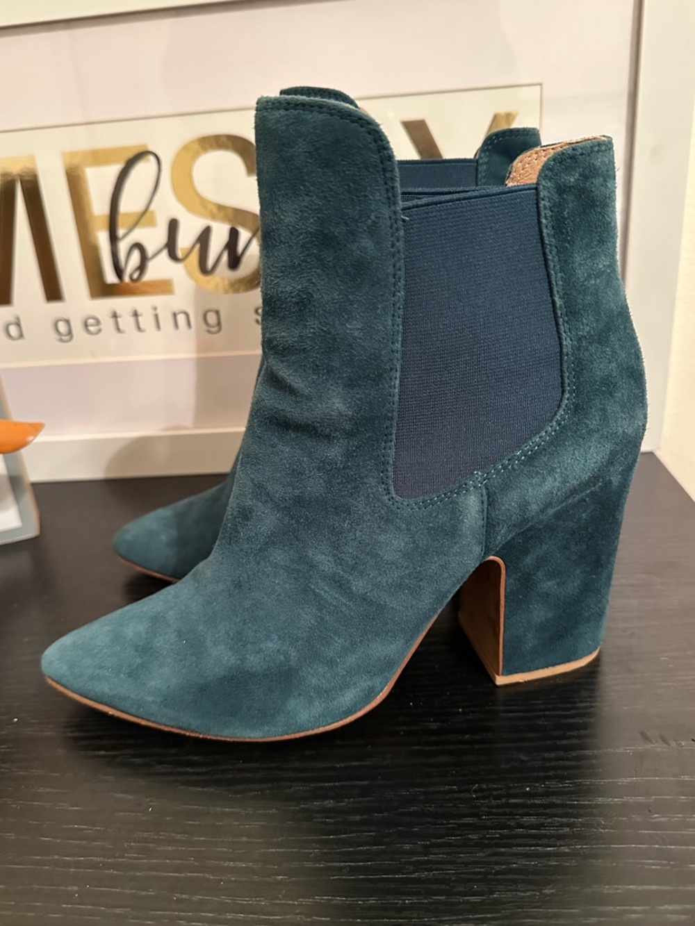 Chinese Laundry Teal Suede Block Heel Ankle Boots - Picture 2 of 9